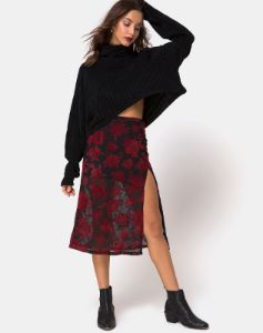 Saika Midi Skirt in Romantic Red Rose Flock sold by Motel Rocks
