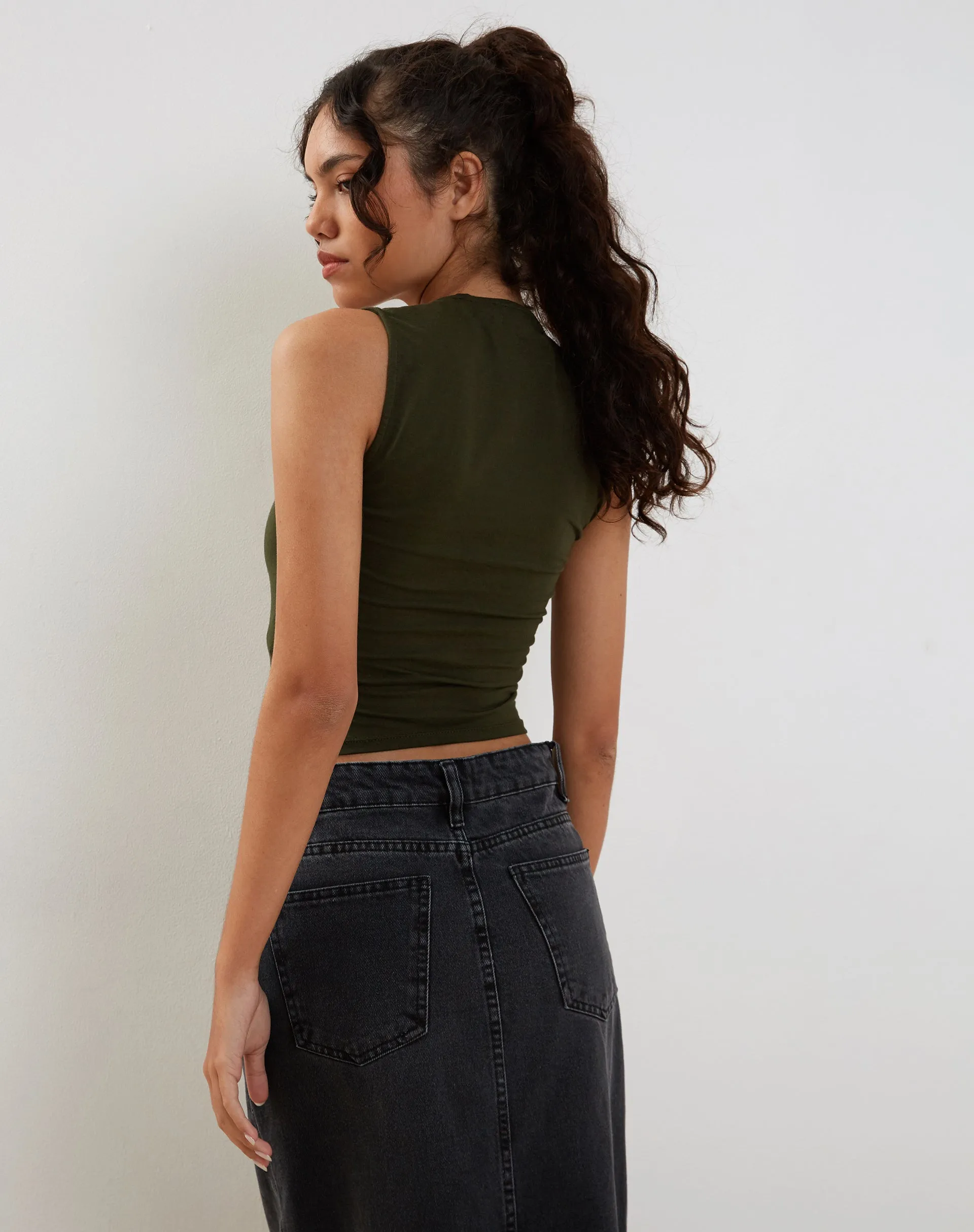 Jinsu Crop Top in Lycra Olive sold by Motel Rocks product image thumbnail 3