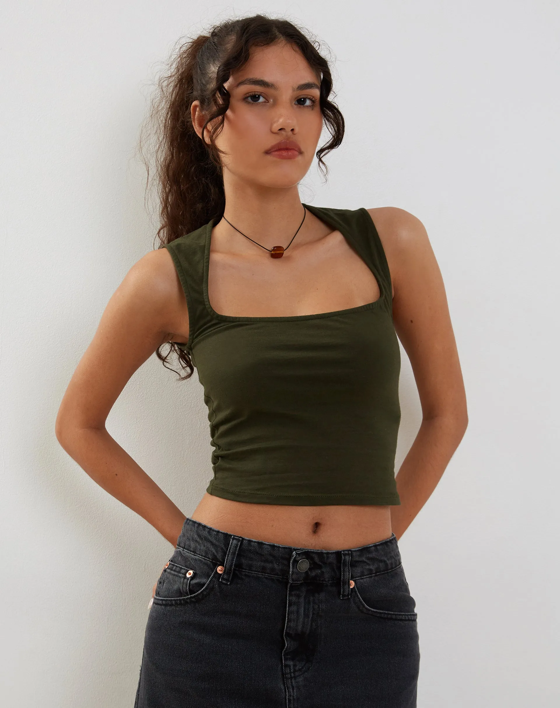 Jinsu Crop Top in Lycra Olive sold by Motel Rocks