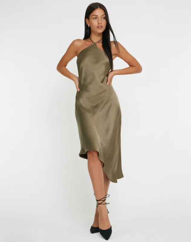 Kimora Midi Dress in Satin Dark Olive sold by Motel Rocks