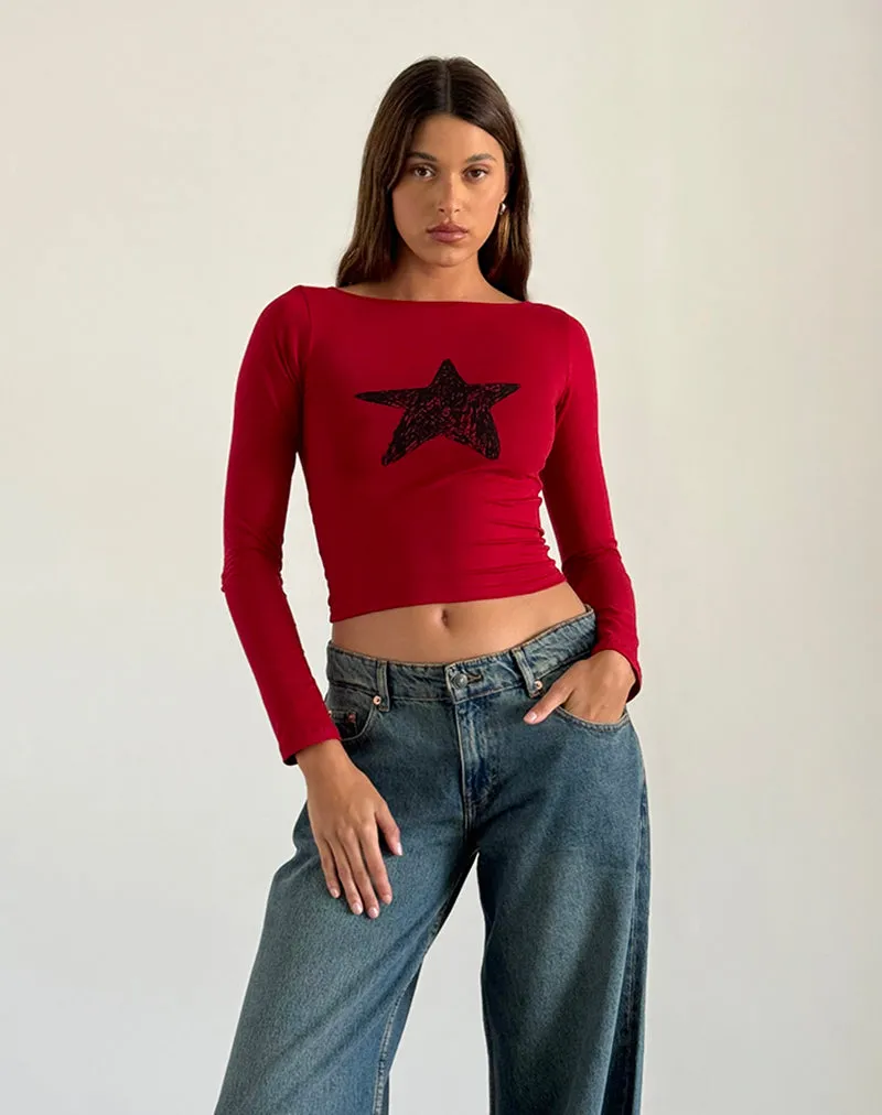 Amabon Long Sleeve Top in Adrenaline Red with Black Star sold by Motel Rocks product image thumbnail 3
