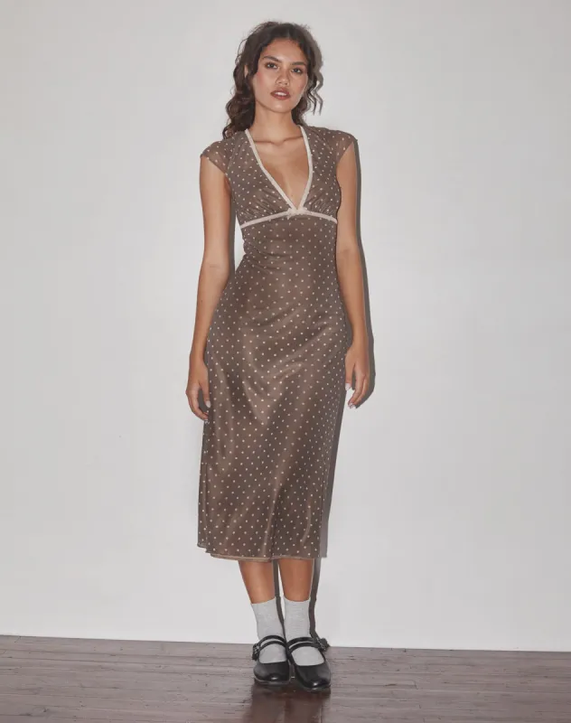 Vilinia Midi Dress in Basic Polka Brown sold by Motel Rocks