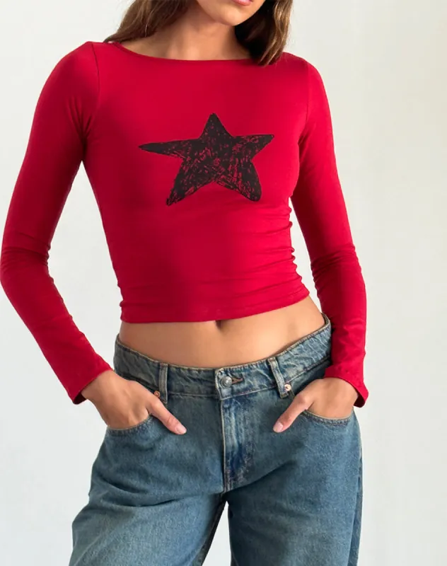 Amabon Long Sleeve Top in Adrenaline Red with Black Star sold by Motel Rocks