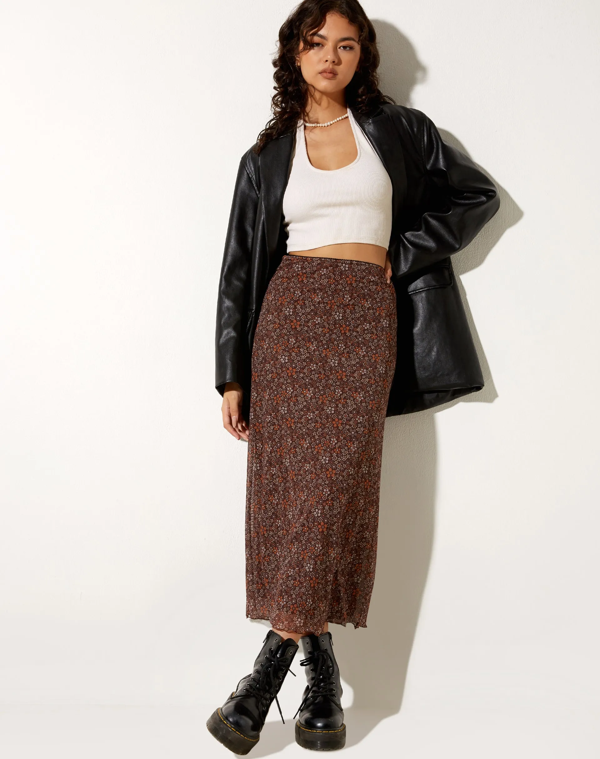 Rindu Midi Skirt in Flower Garden Brown sold by Motel Rocks