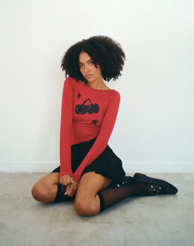 Amabon Long Sleeve Top in Adrenalin Red with Cherry Print sold by Motel Rocks