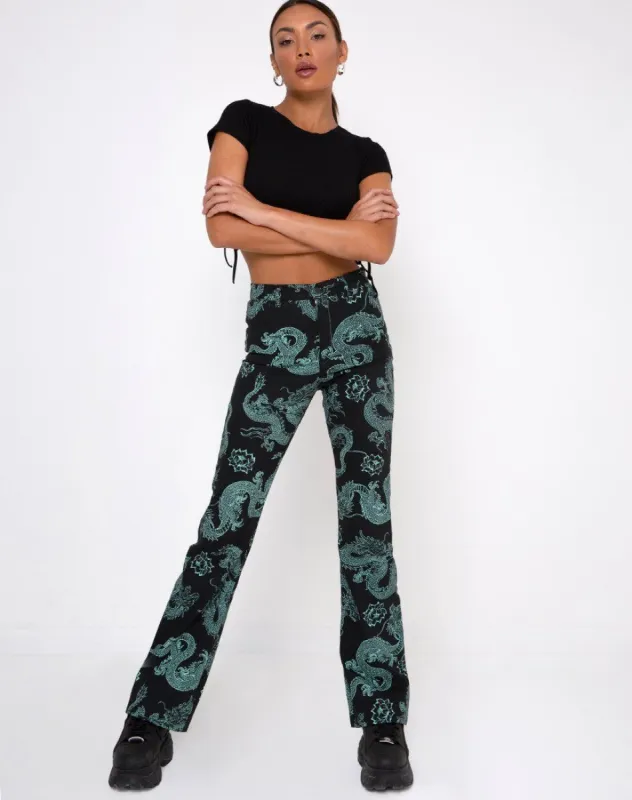 Zoven Trouser in Dragon Flower Black and Mint sold by Motel Rocks