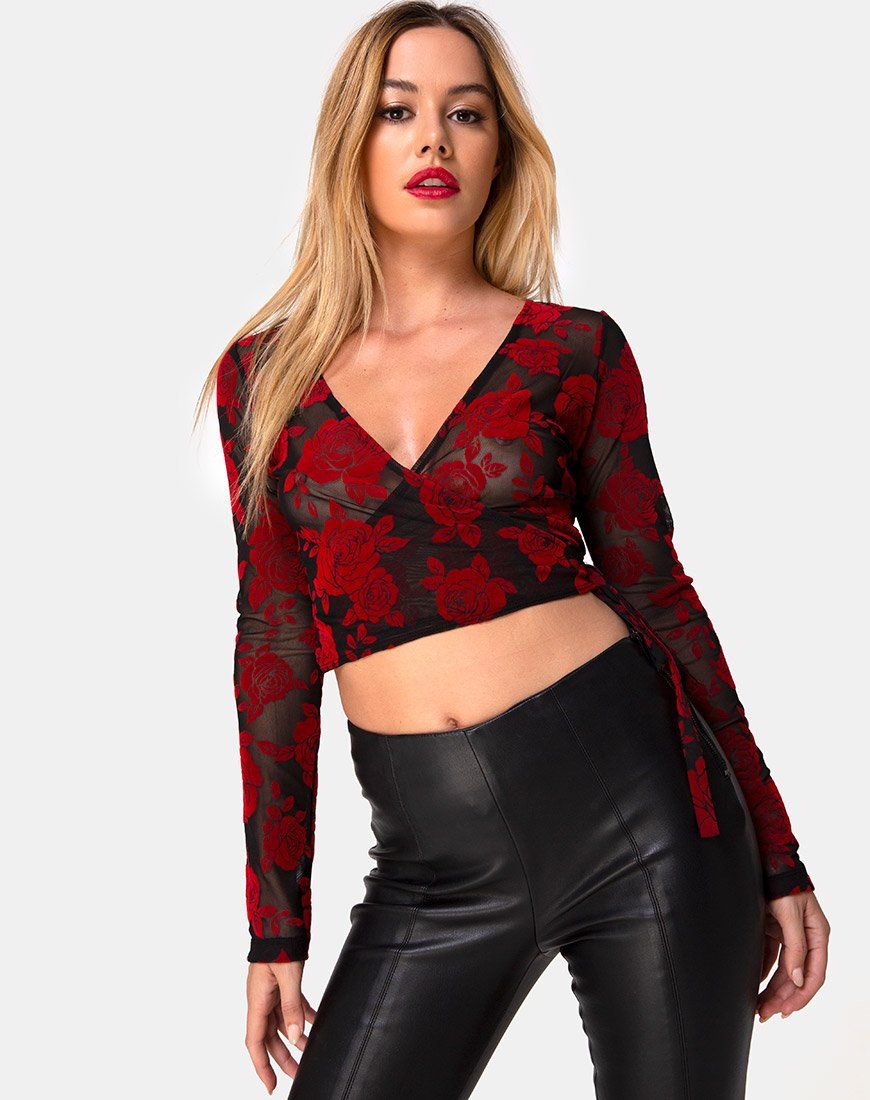 Kayak Wrap Top in Romantic Red Rose Flock sold by Motel Rocks