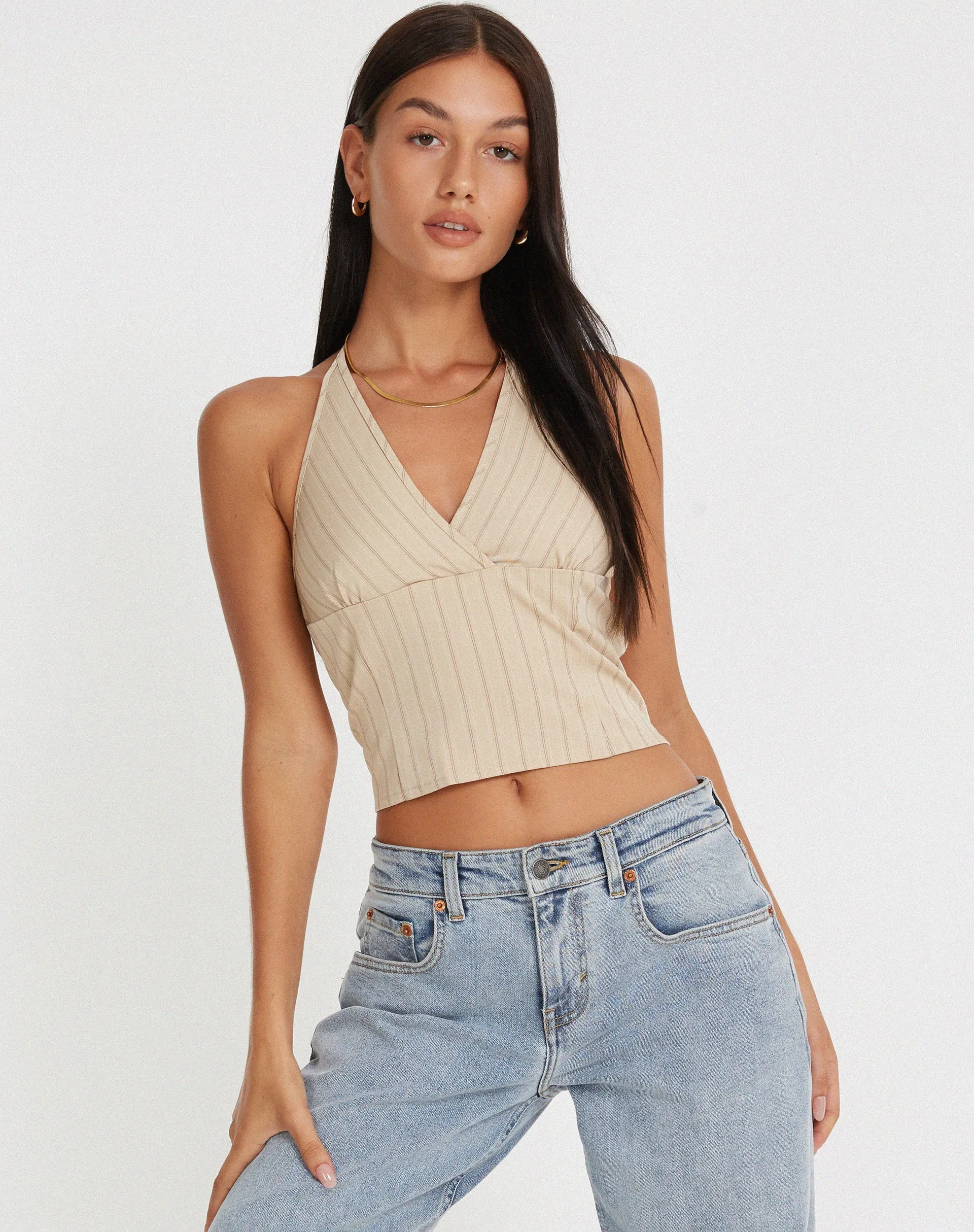Hajra Halter Top in Cream Stripe sold by Motel Rocks