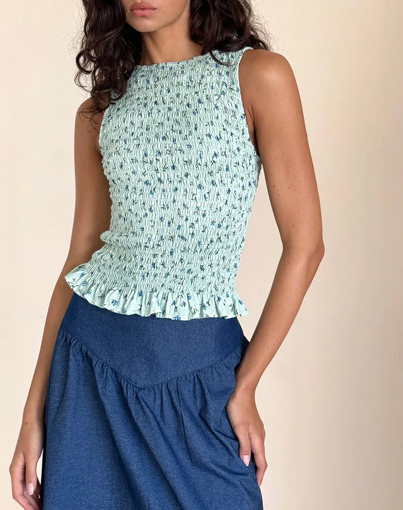 Birita Shirred Top in Pretty Petal Green sold by Motel Rocks