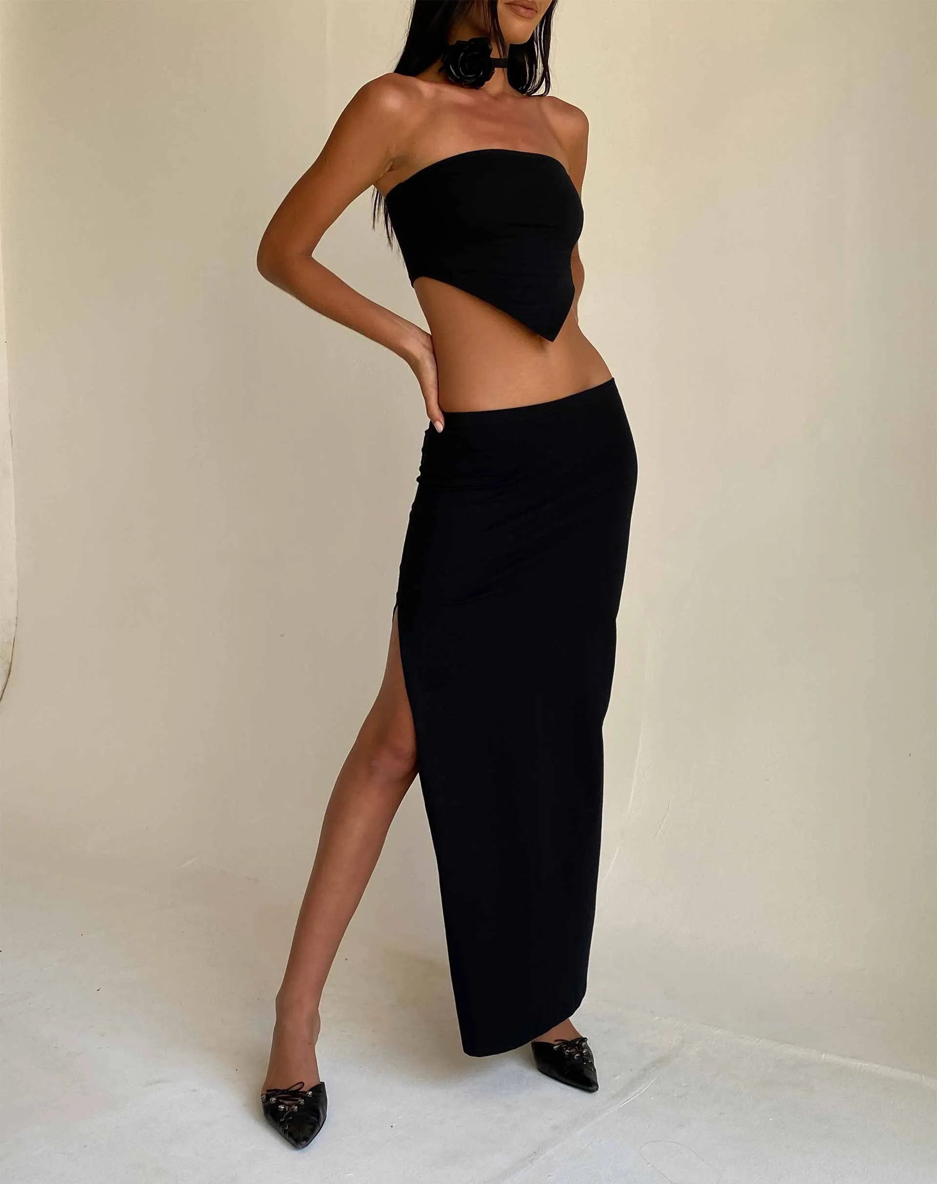 Stusie Split Hem Maxi Skirt in Black sold by Motel Rocks
