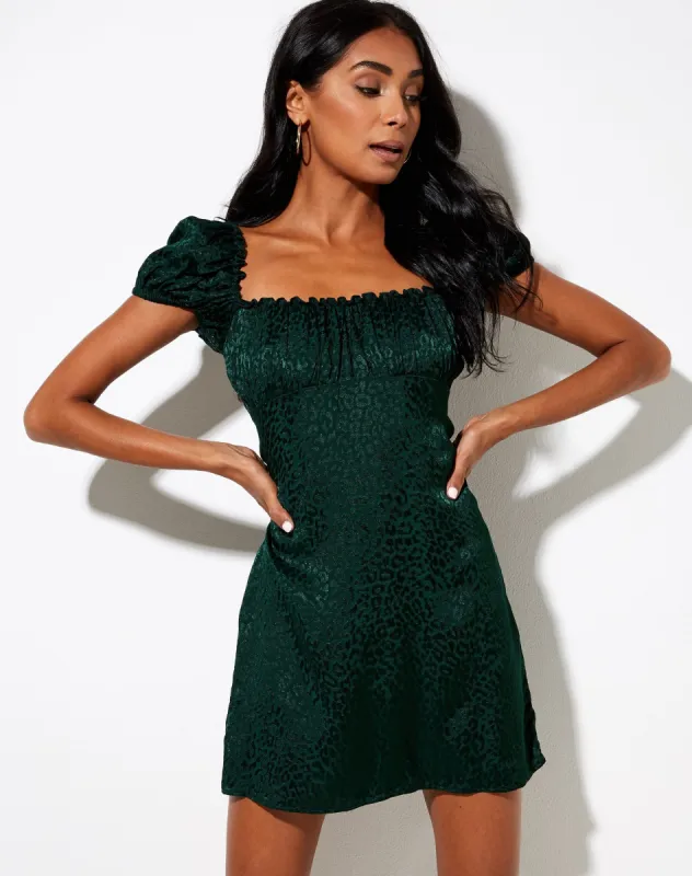 Menta Mini Dress in Satin Cheetah Forest Green sold by Motel Rocks
