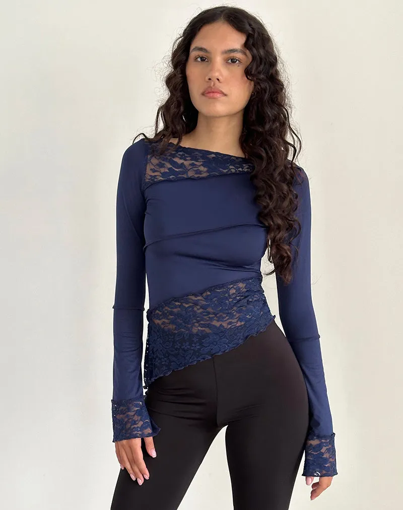 Lucca Long Sleeve Top in Slinky Lace Navy Blue sold by Motel Rocks