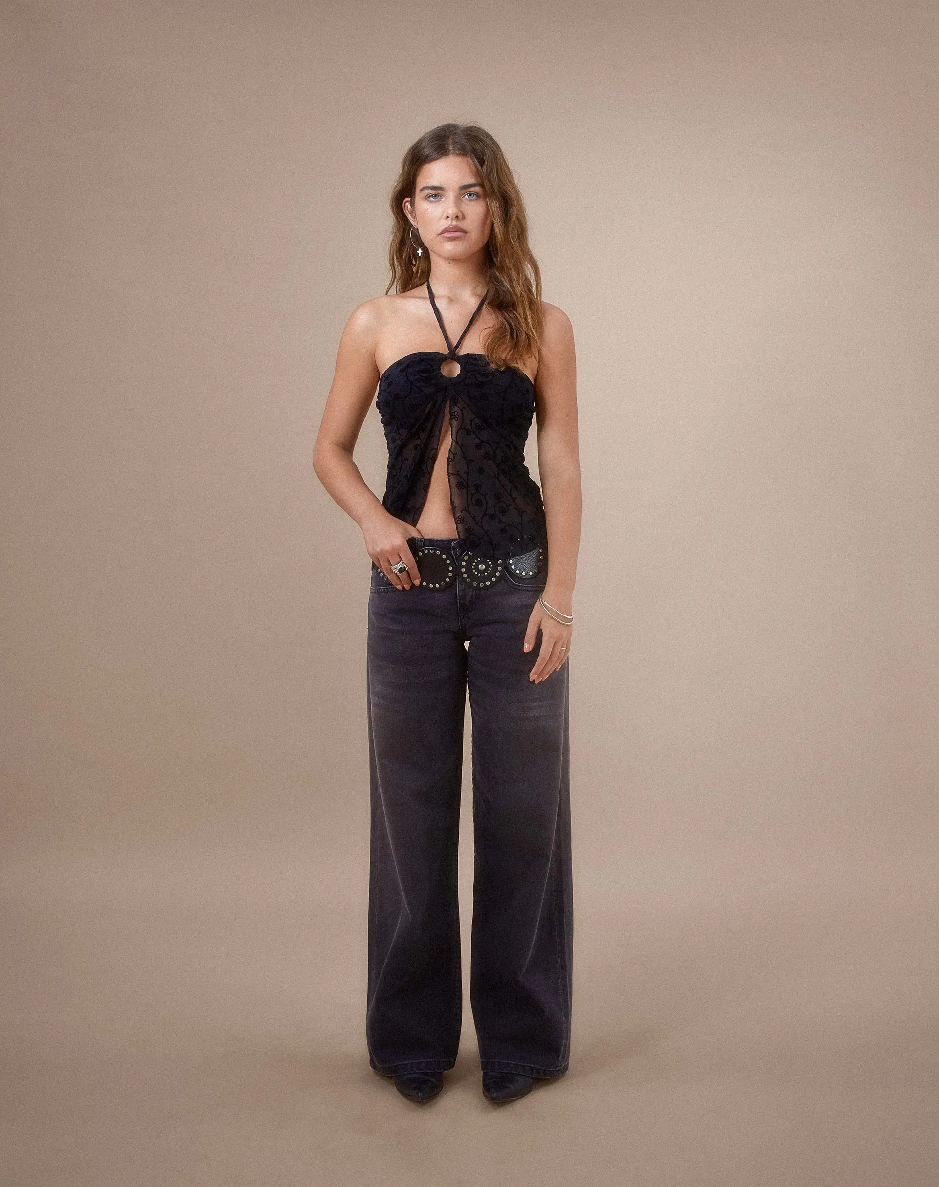 Janar Halterneck Top in Black Dainty Floral Flock sold by Motel Rocks product image thumbnail 4