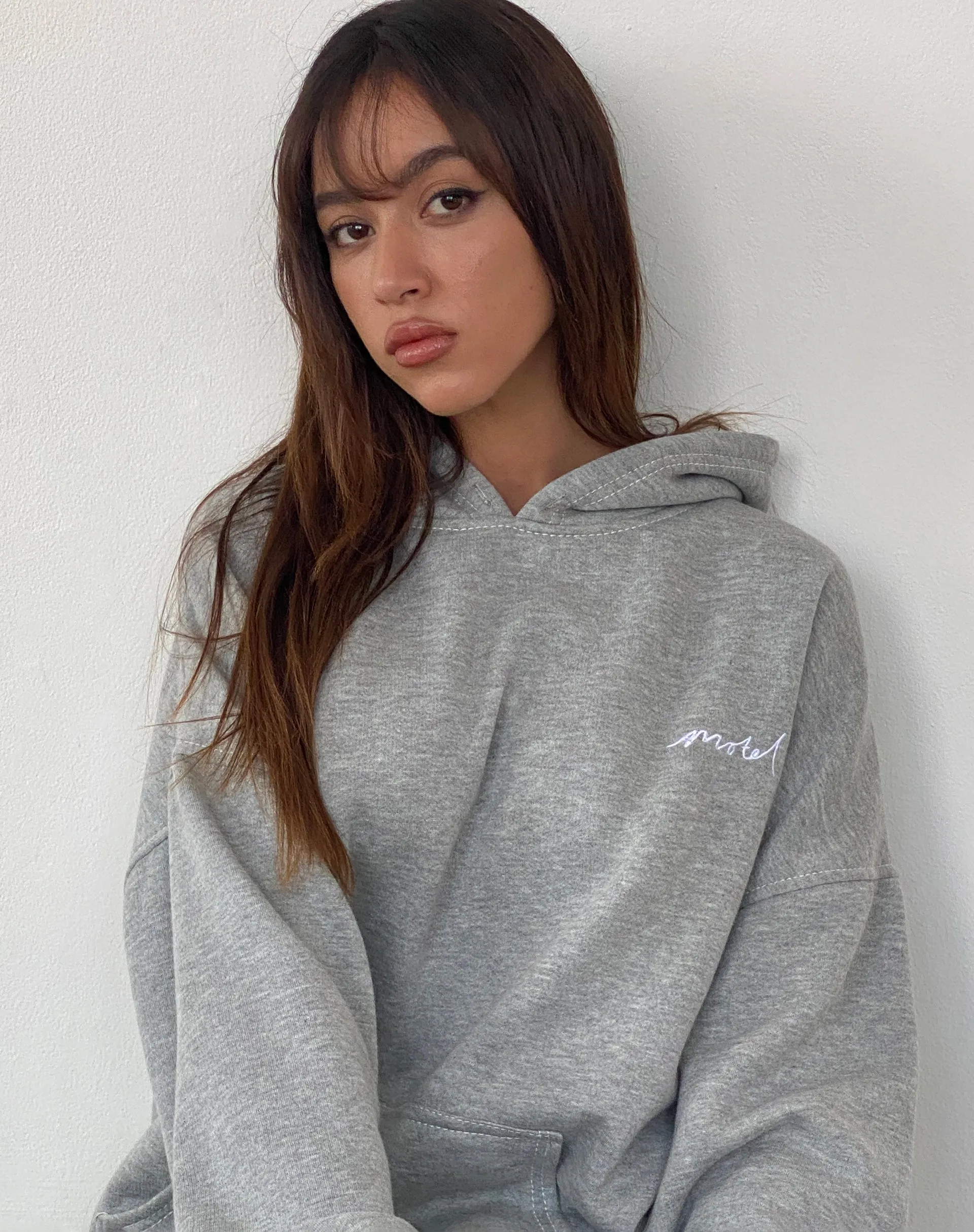 Oversize Hoodie in Grey Marl with Motel Scribble Embroidery sold by Motel Rocks