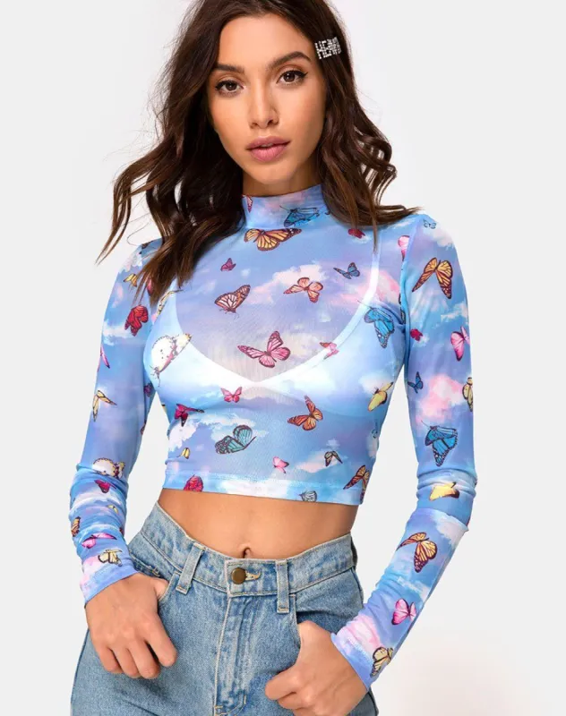 Lara Top in Mesh Blue Butterfly sold by Motel Rocks