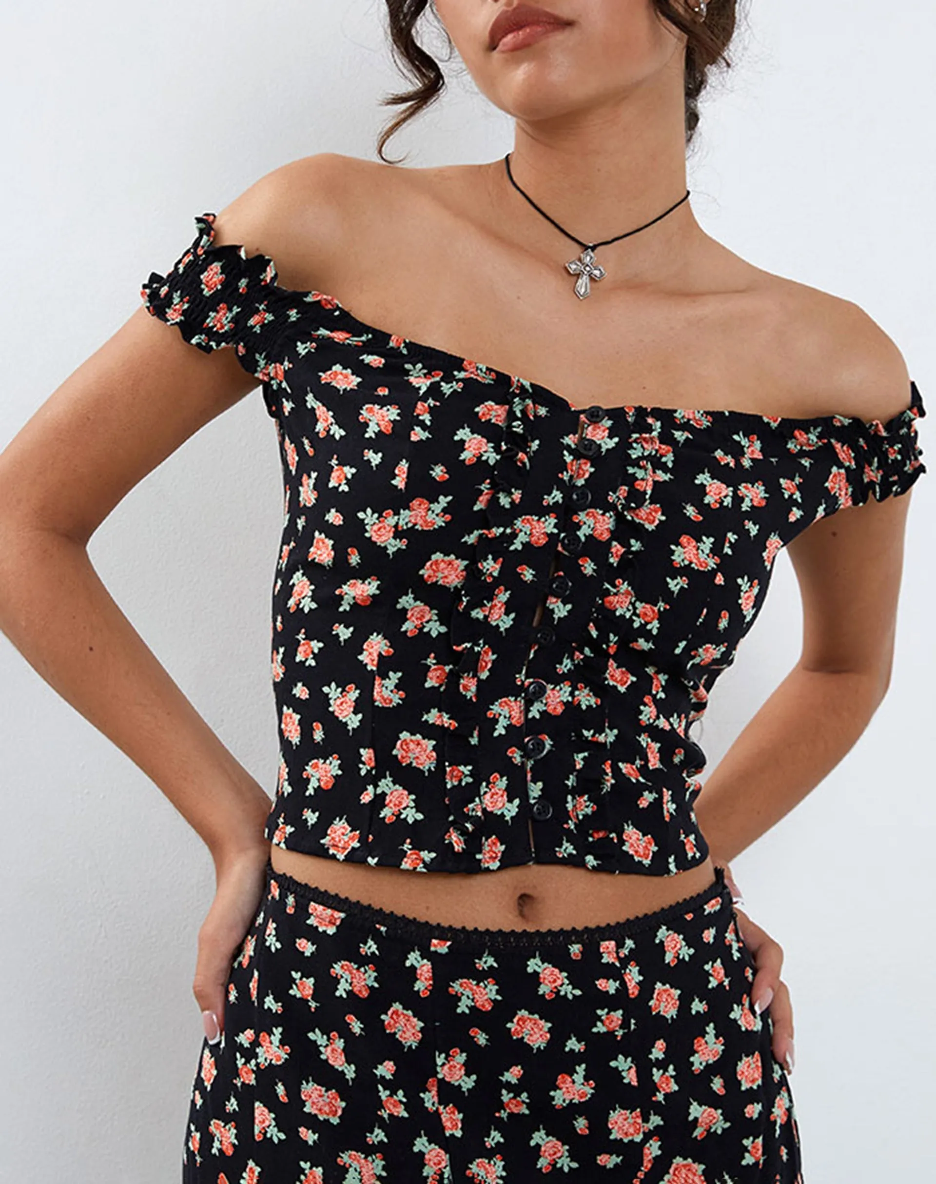 Uhuy Bardot Crop Top in Flowing Rose Black sold by Motel Rocks product image thumbnail 3