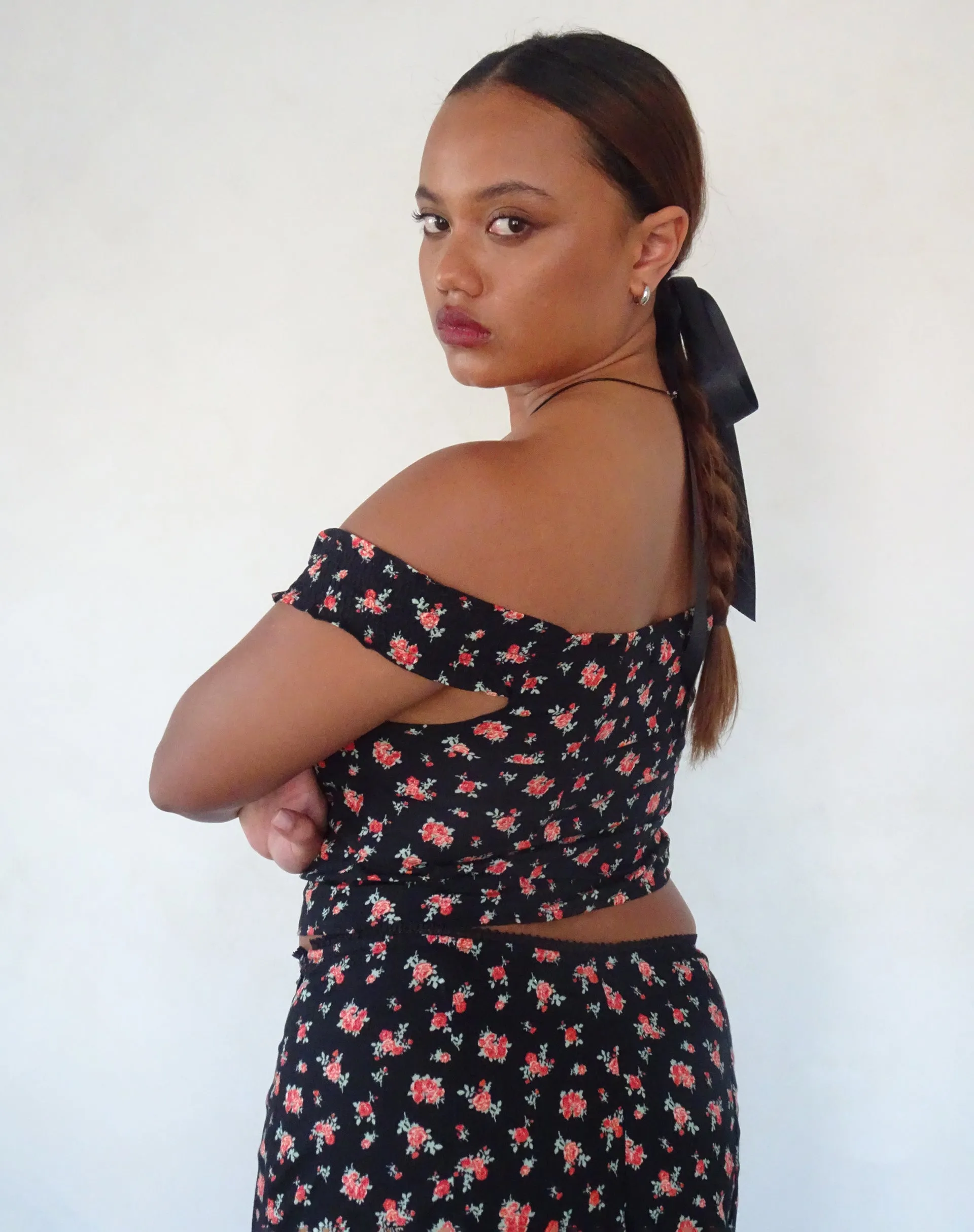 Uhuy Bardot Crop Top in Flowing Rose Black sold by Motel Rocks product image thumbnail 4