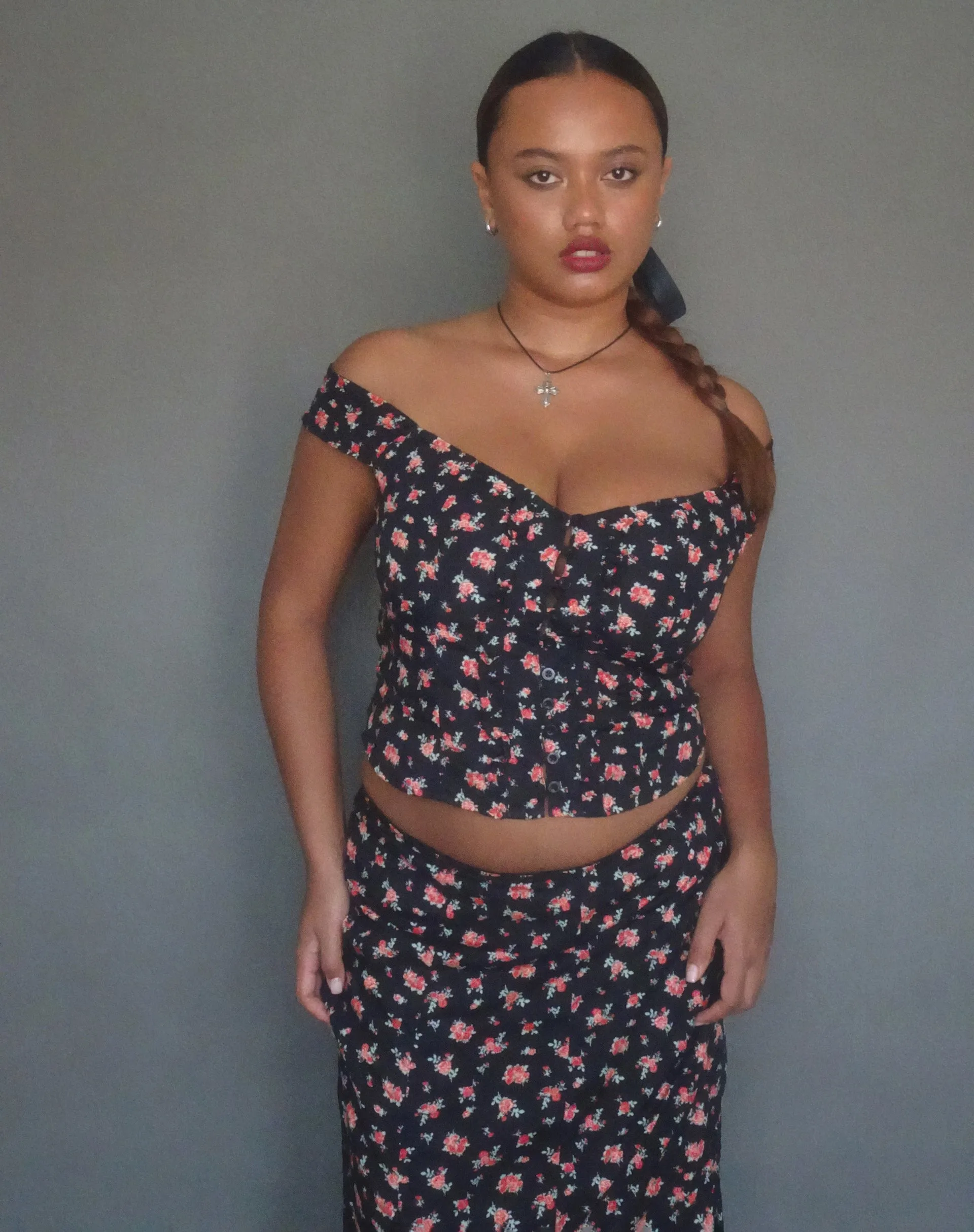 Uhuy Bardot Crop Top in Flowing Rose Black sold by Motel Rocks product image thumbnail 5