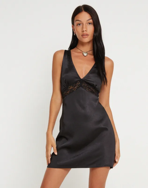 Oksana Mini Dress in Satin Black sold by Motel Rocks