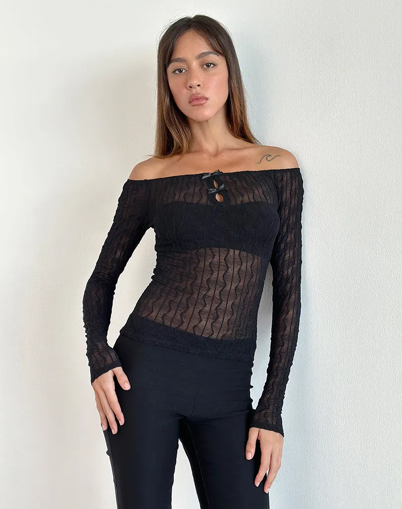 Kazi Bardot Top in Crinkle Black sold by Motel Rocks