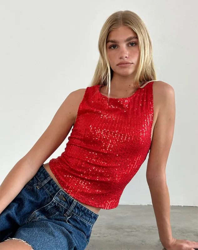 Hala Vest Top in Red Drape Mini Sequin sold by Motel Rocks