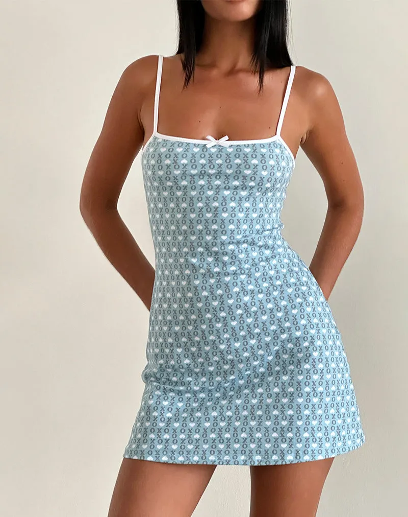 Riniko Mini Dress in Powder Blue XO Heart Print with White Binding sold by Motel Rocks product image thumbnail 2