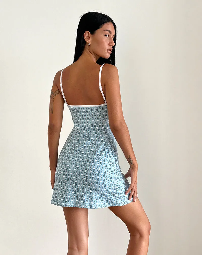 Riniko Mini Dress in Powder Blue XO Heart Print with White Binding sold by Motel Rocks product image thumbnail 4