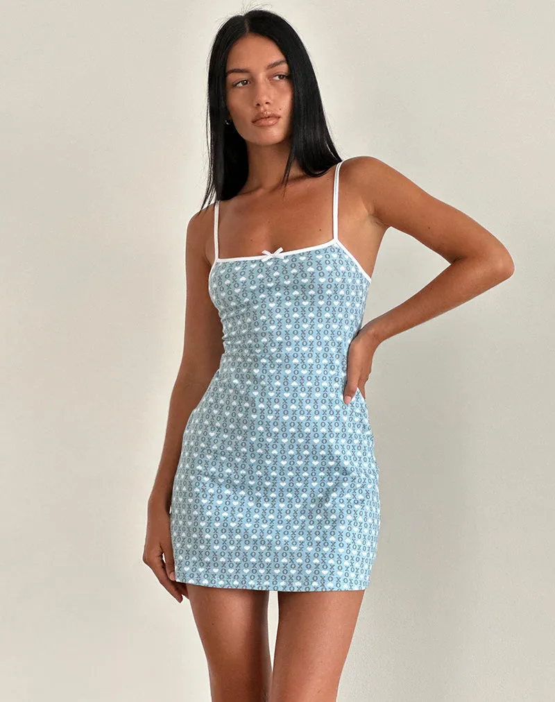 Riniko Mini Dress in Powder Blue XO Heart Print with White Binding sold by Motel Rocks product image thumbnail 3