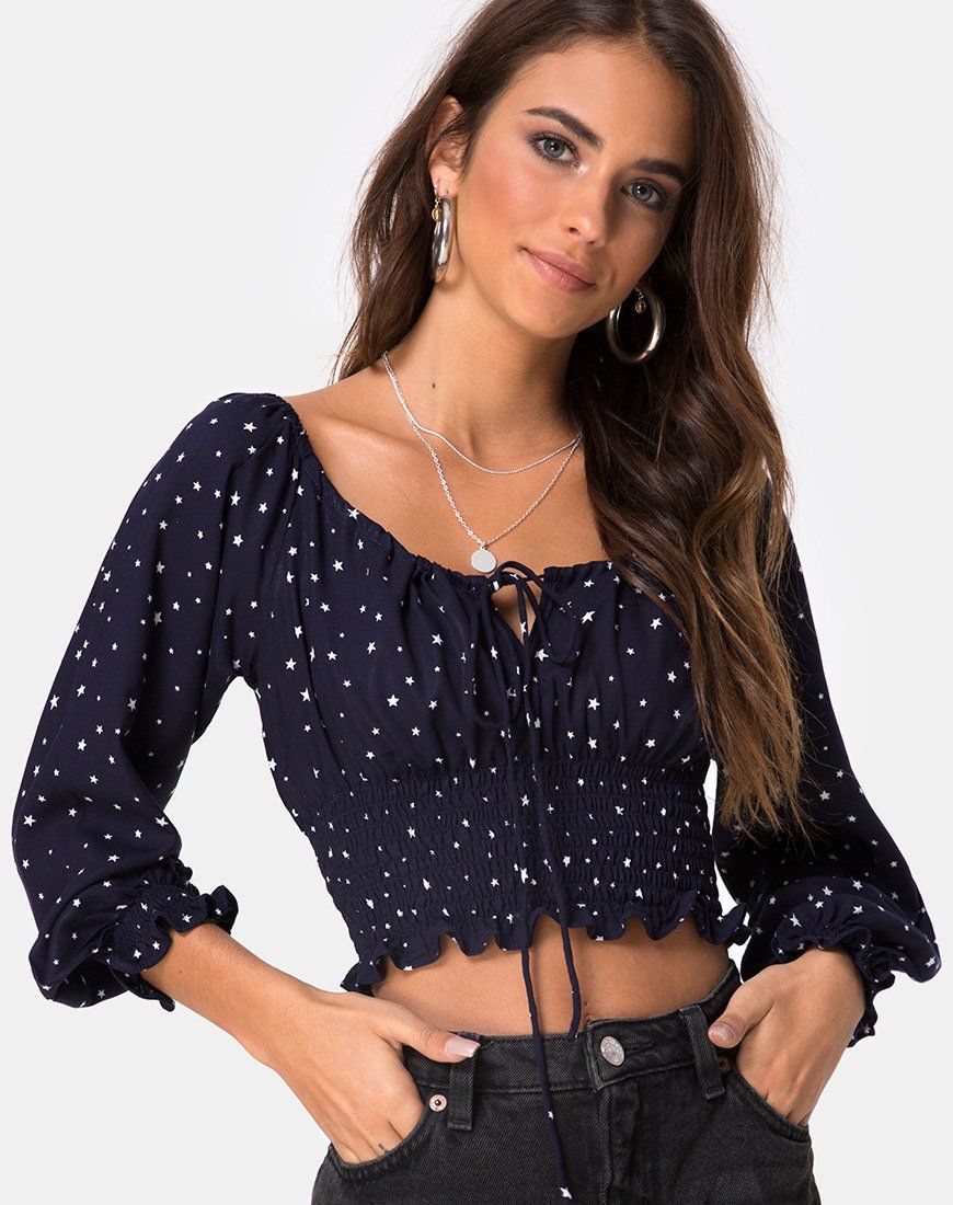 Lancer Crop Top in Stars Struck Navy sold by Motel Rocks