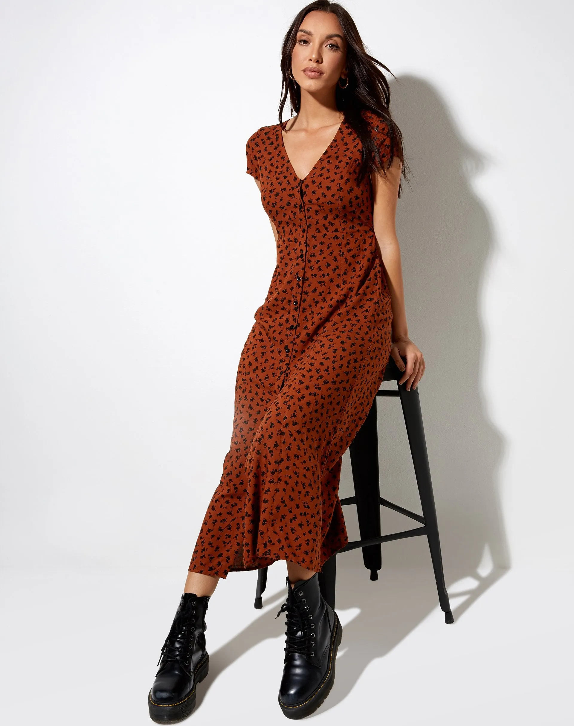 Sanrin Midi Dress in Dainty Daisy Bombay Brown sold by Motel Rocks
