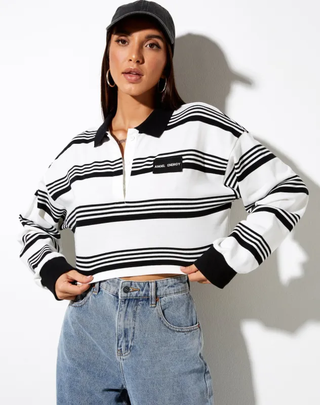 Saria Crop Top in Black Stripe 'Angel Energy' Label sold by Motel Rocks