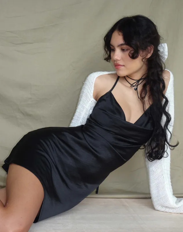 Paiva Dress in Satin Black sold by Motel Rocks
