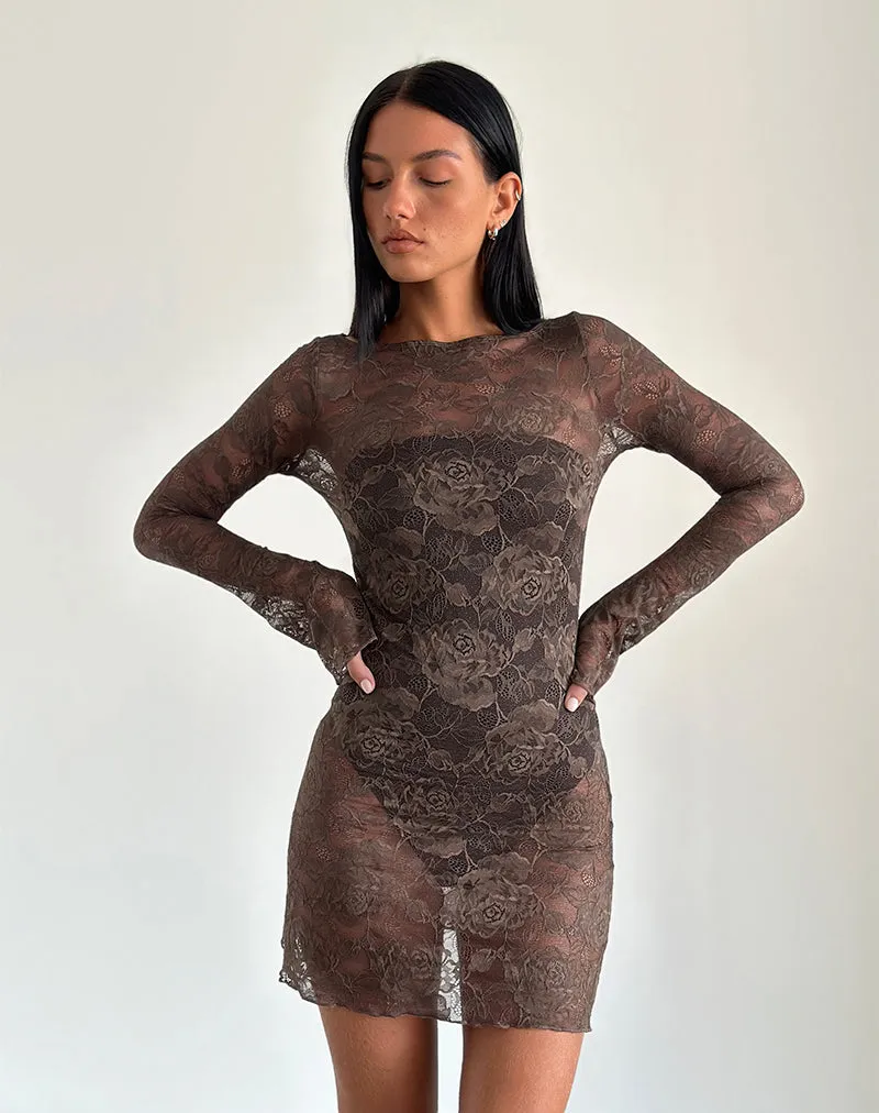 Sevila Long Sleeve Mini Dress in Dark Brown sold by Motel Rocks