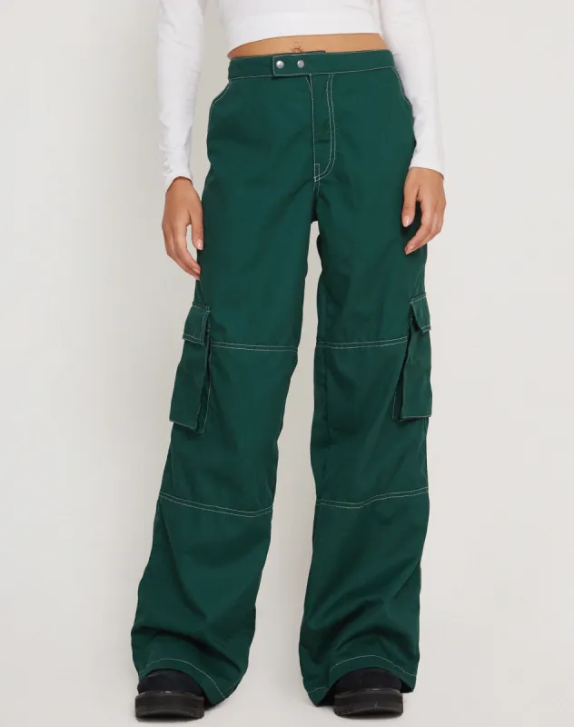 Saul Wide Leg Cargo Trouser in Bottle Green with White Stitching sold by Motel Rocks