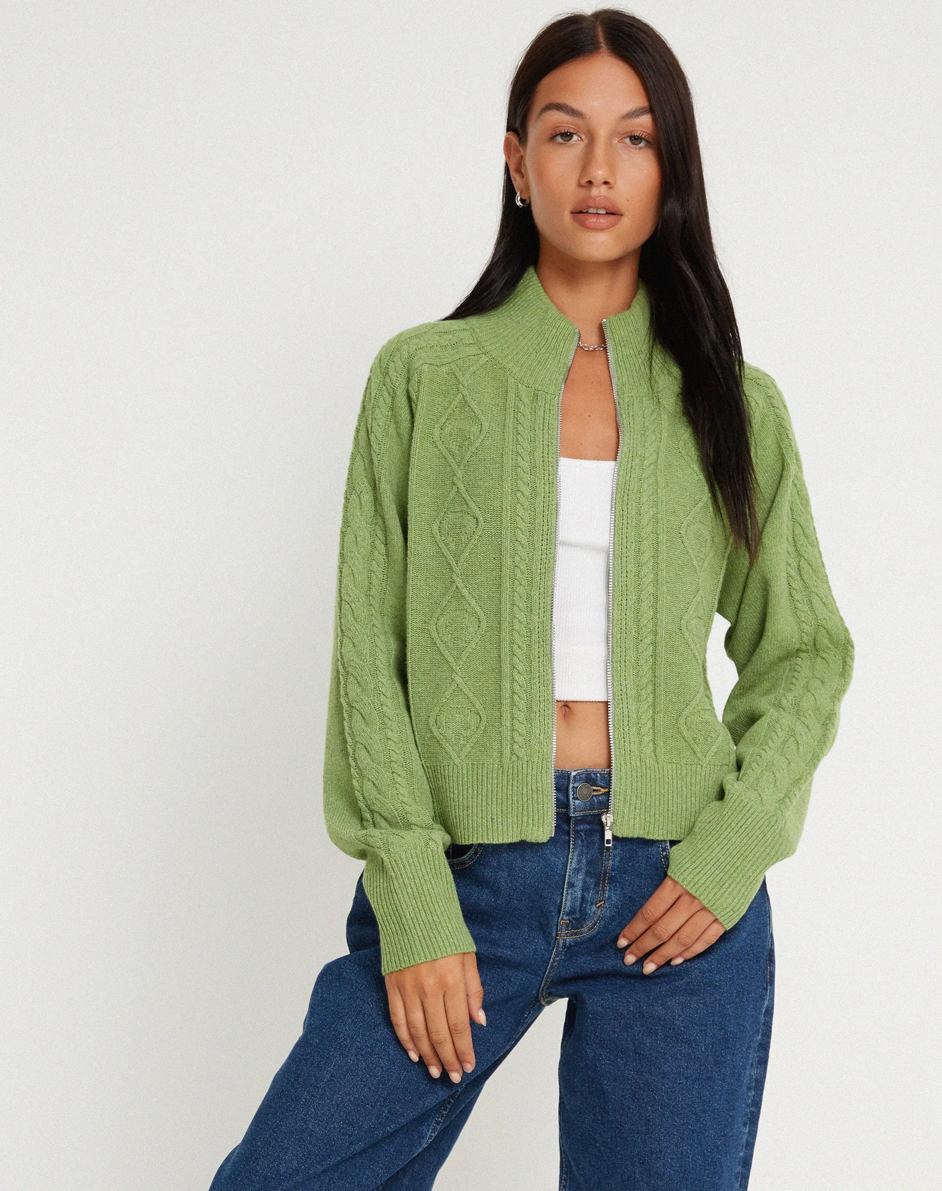 Lemila Knitted Zip Up Jacket in Moss Green sold by Motel Rocks