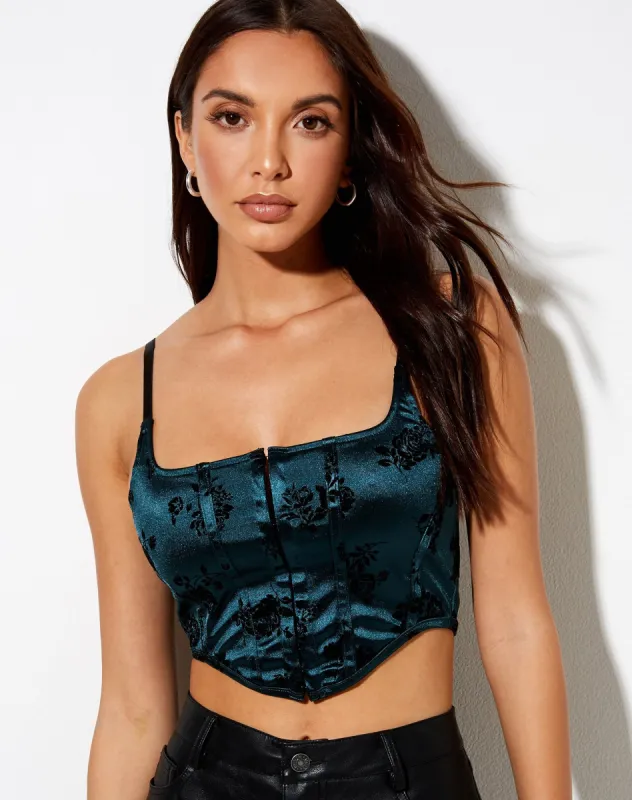 Elicia Crop Top in Rose Flock Forest Green sold by Motel Rocks