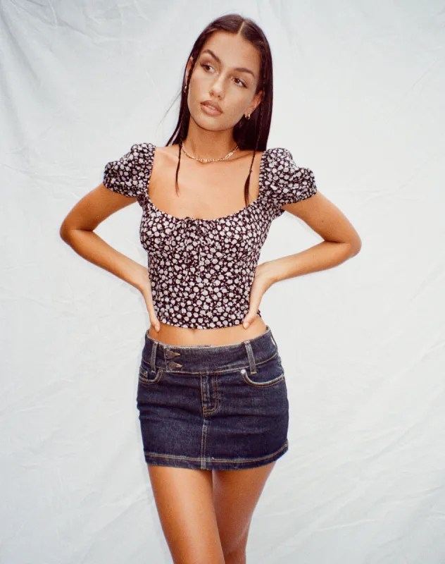 Mazu Crop Top in Ditsy Rose Black sold by Motel Rocks