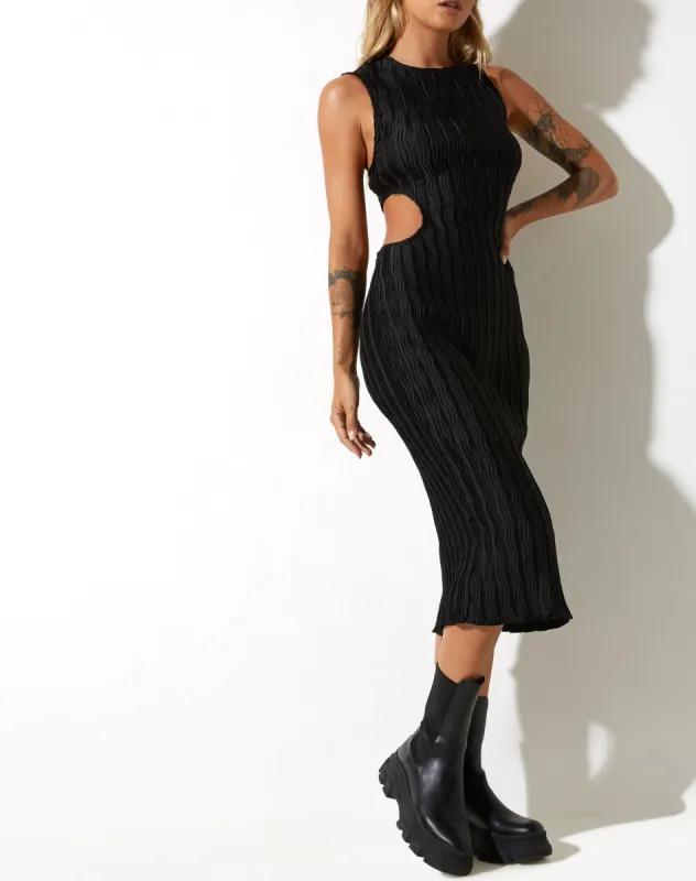 Estonia Midi Dress in Crinkle Black sold by Motel Rocks