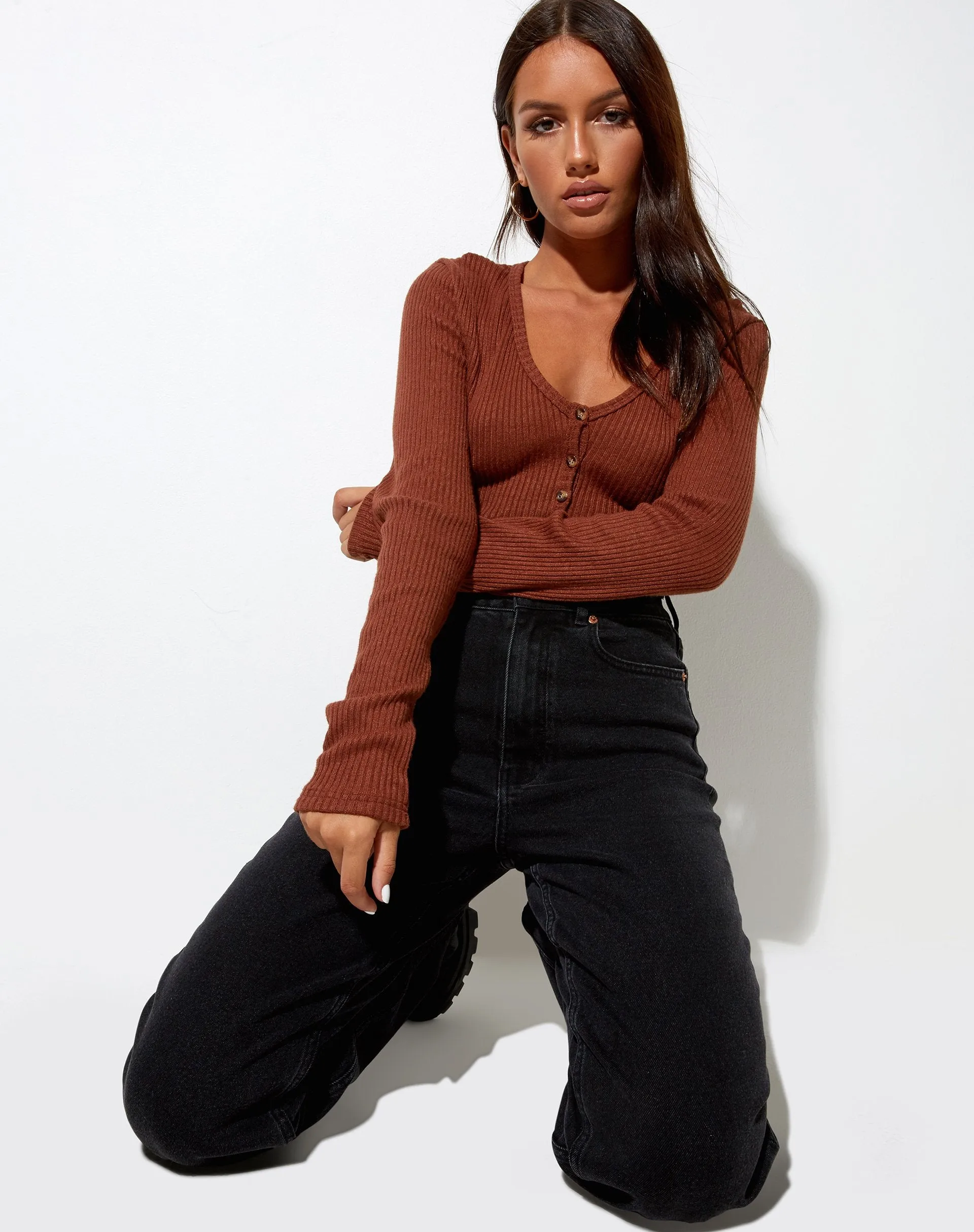 Viney Cardigan in Rib Chocolate sold by Motel Rocks