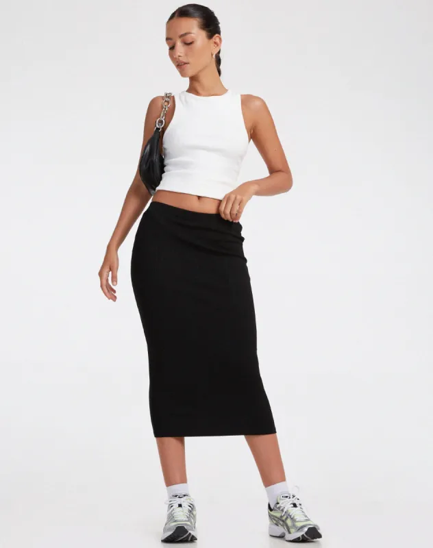 Magata Midi Skirt in Jersey Plise Black sold by Motel Rocks