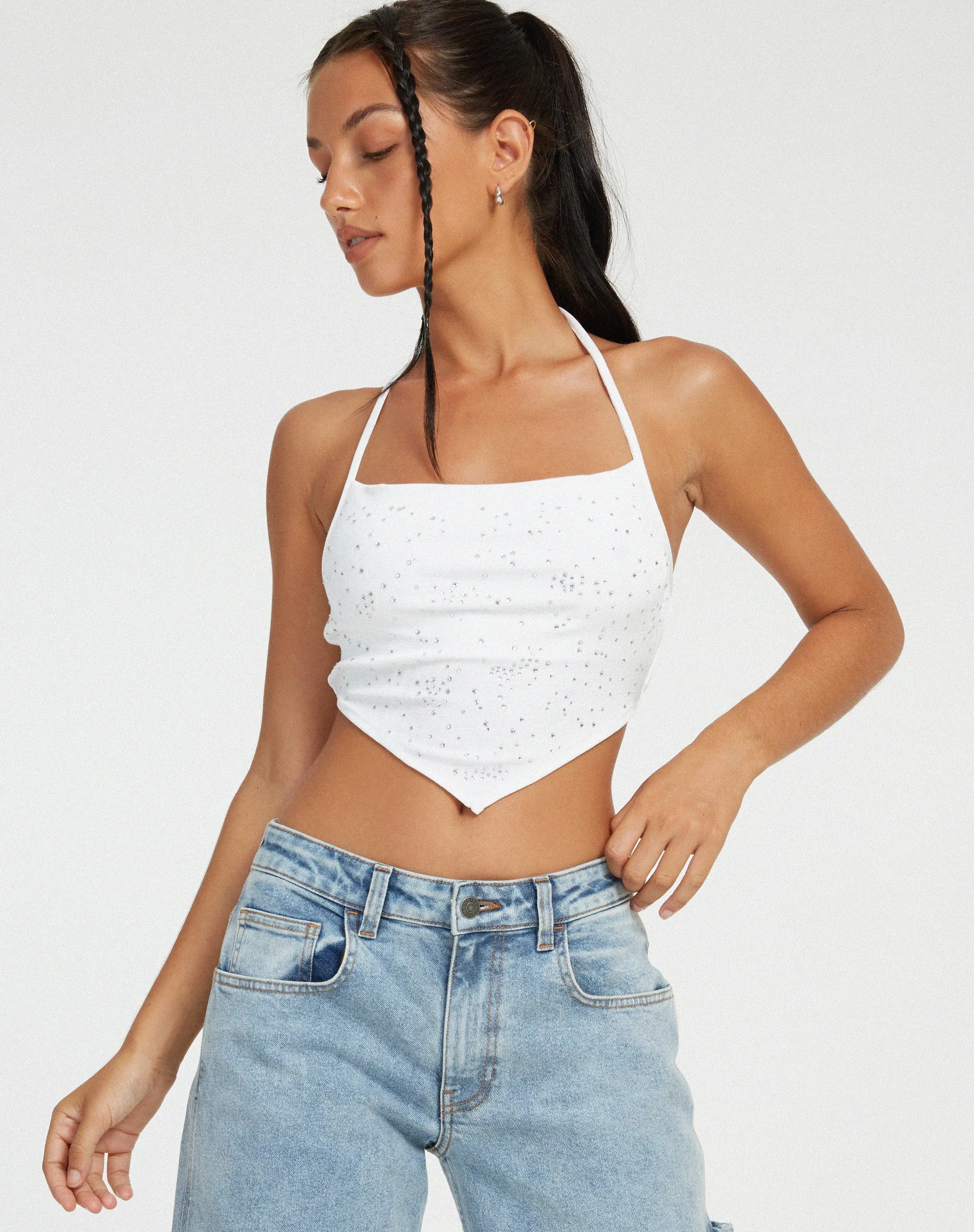 Ketida Crop Top in White Diamante sold by Motel Rocks
