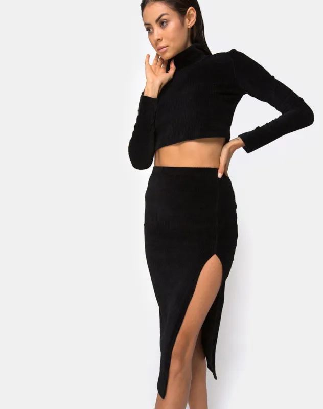 Cheri Midi Skirt in Rib Black sold by Motel Rocks