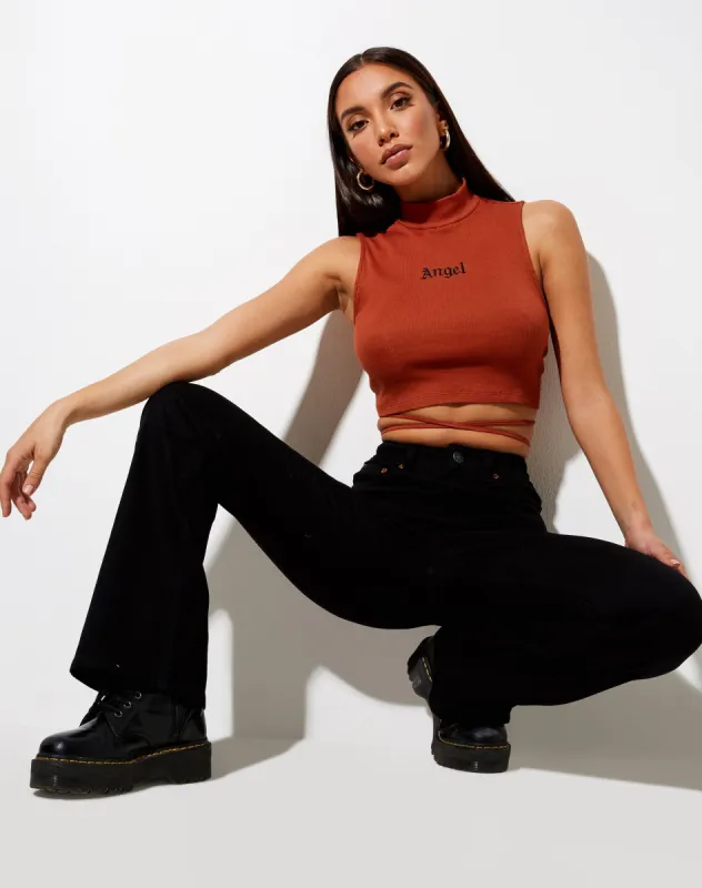 Quera Crop Top in Rib Picante with 'Angel' Embro sold by Motel Rocks