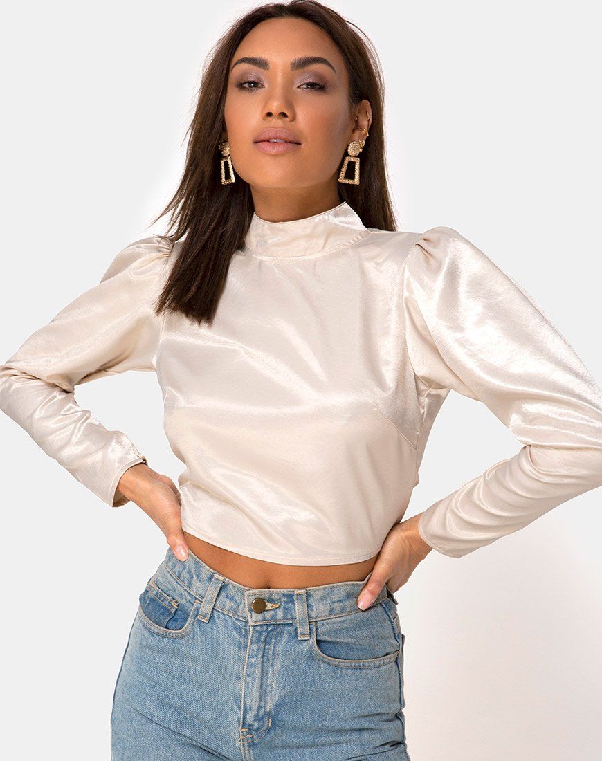 Lona Longsleeve Top in Satin Cream sold by Motel Rocks