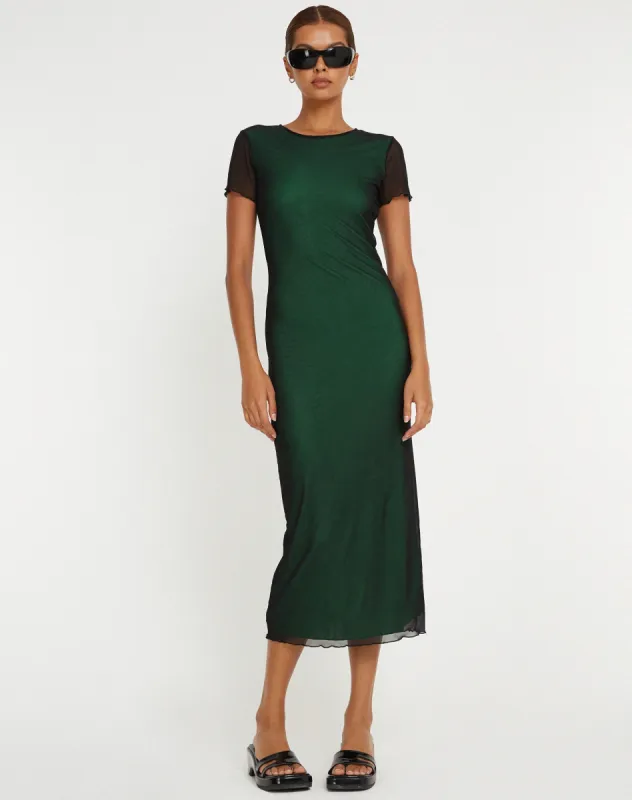 Roska Midi Dress in Black with Vibrant Green Lining sold by Motel Rocks
