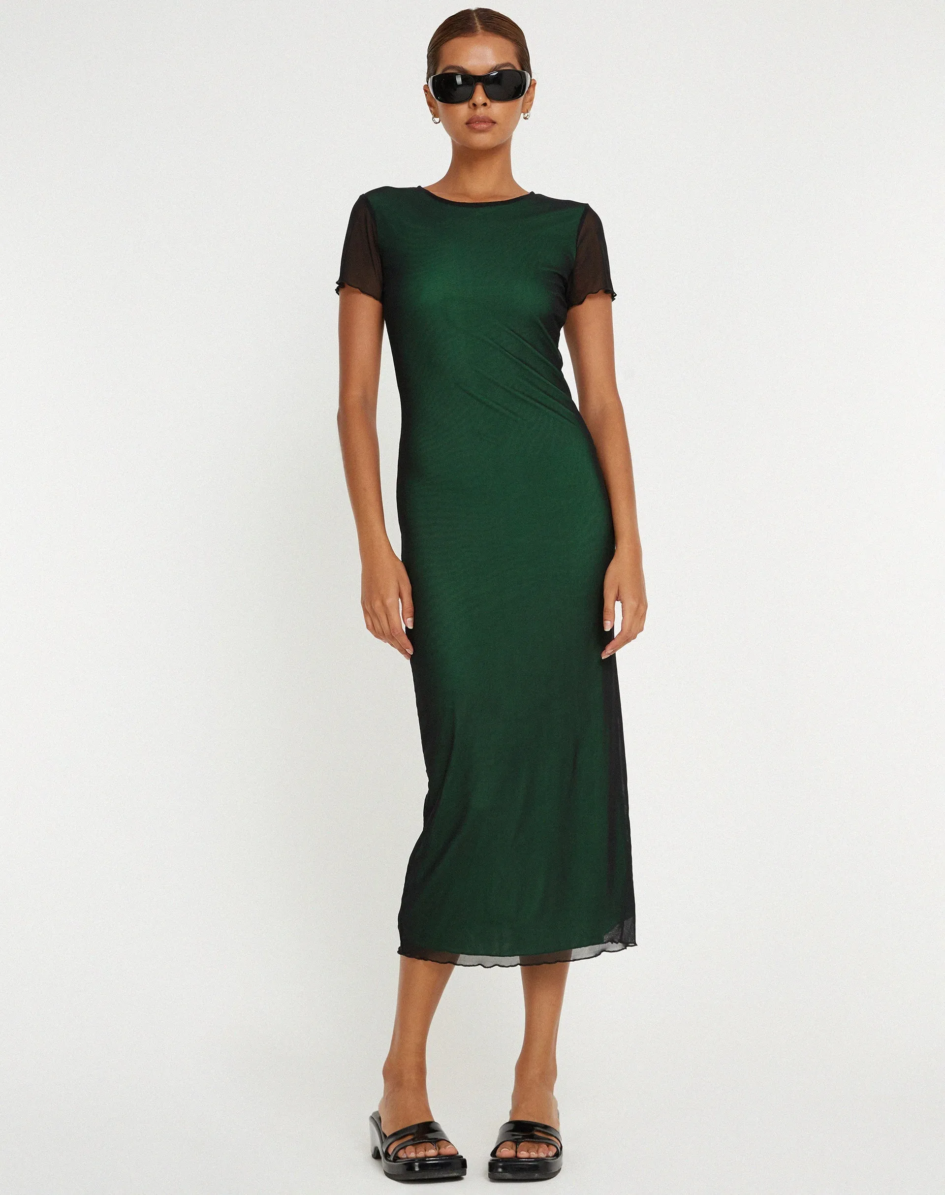 Roska Midi Dress in Black with Vibrant Green Lining sold by Motel Rocks