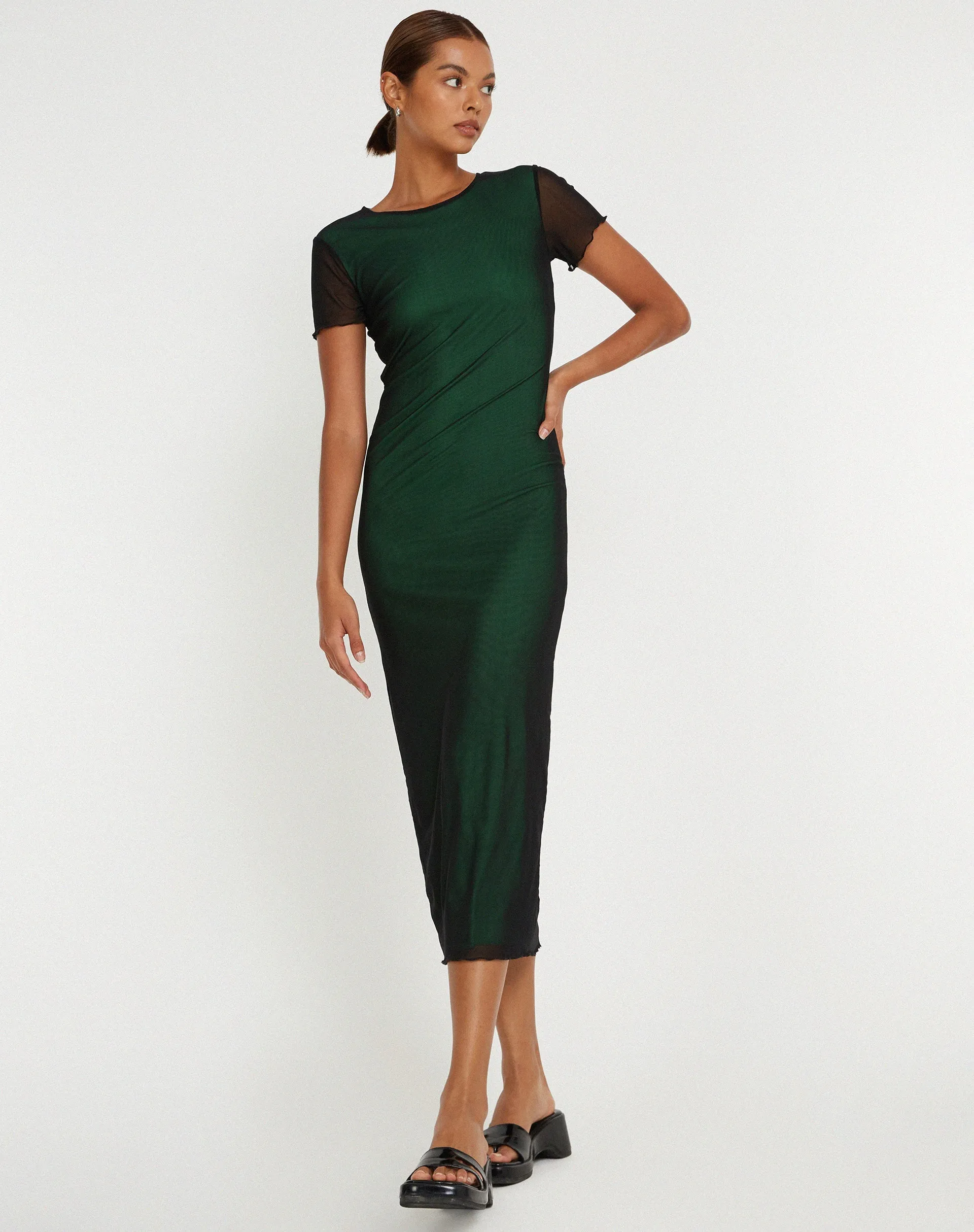 Roska Midi Dress in Black with Vibrant Green Lining sold by Motel Rocks product image thumbnail 2