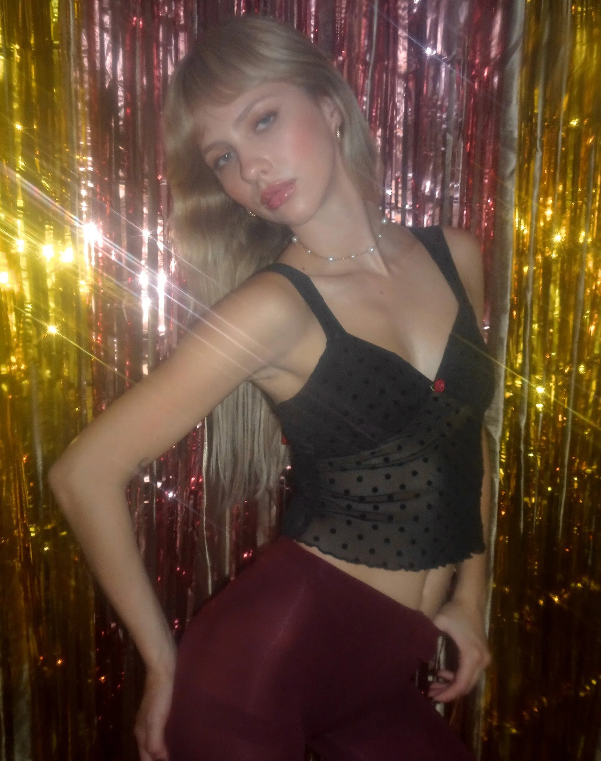 Brietta Mesh Top in Polka Black Flock sold by Motel Rocks