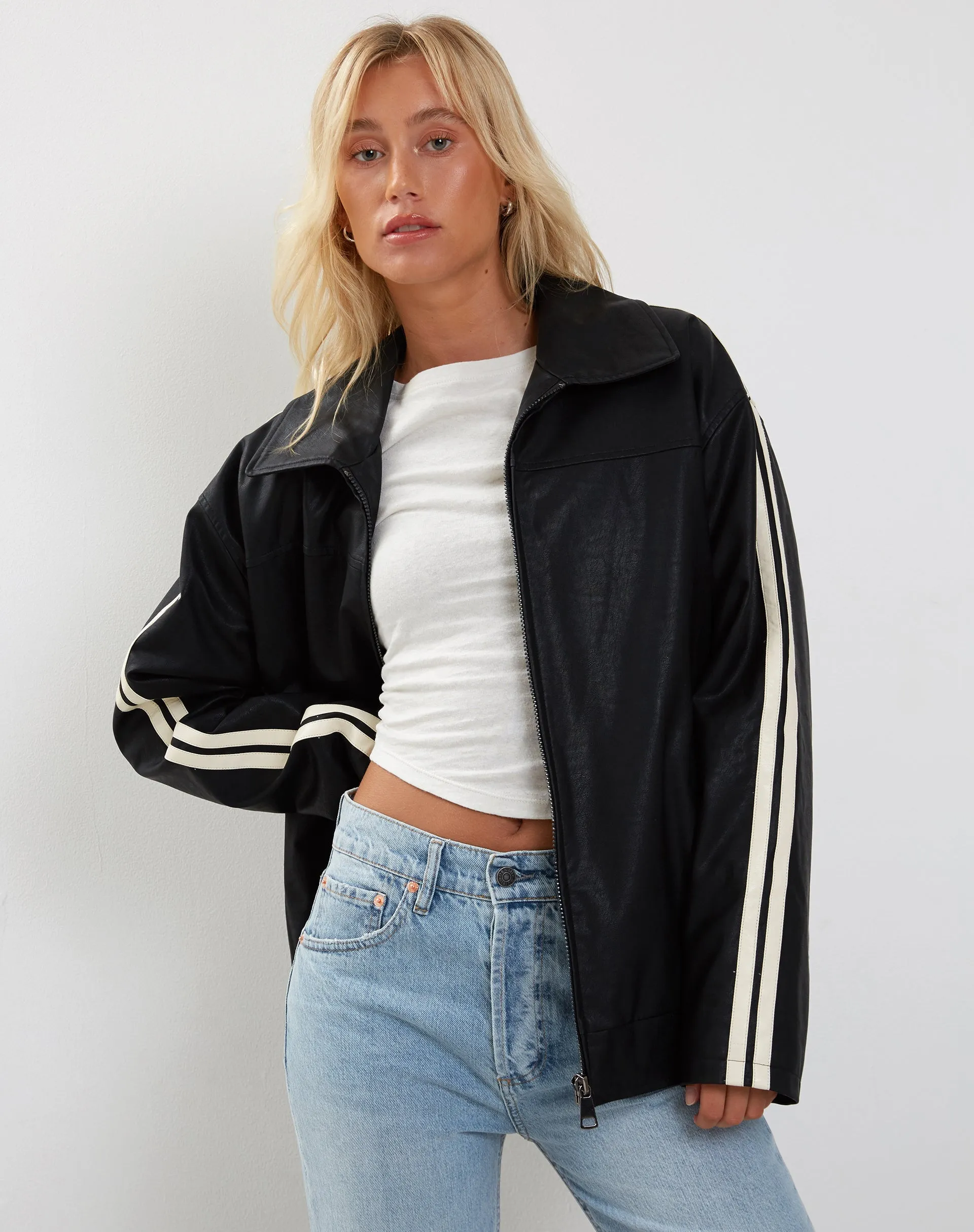 Javana Zip Up Jacket in PU Black with Beige Stripe sold by Motel Rocks product image thumbnail 3