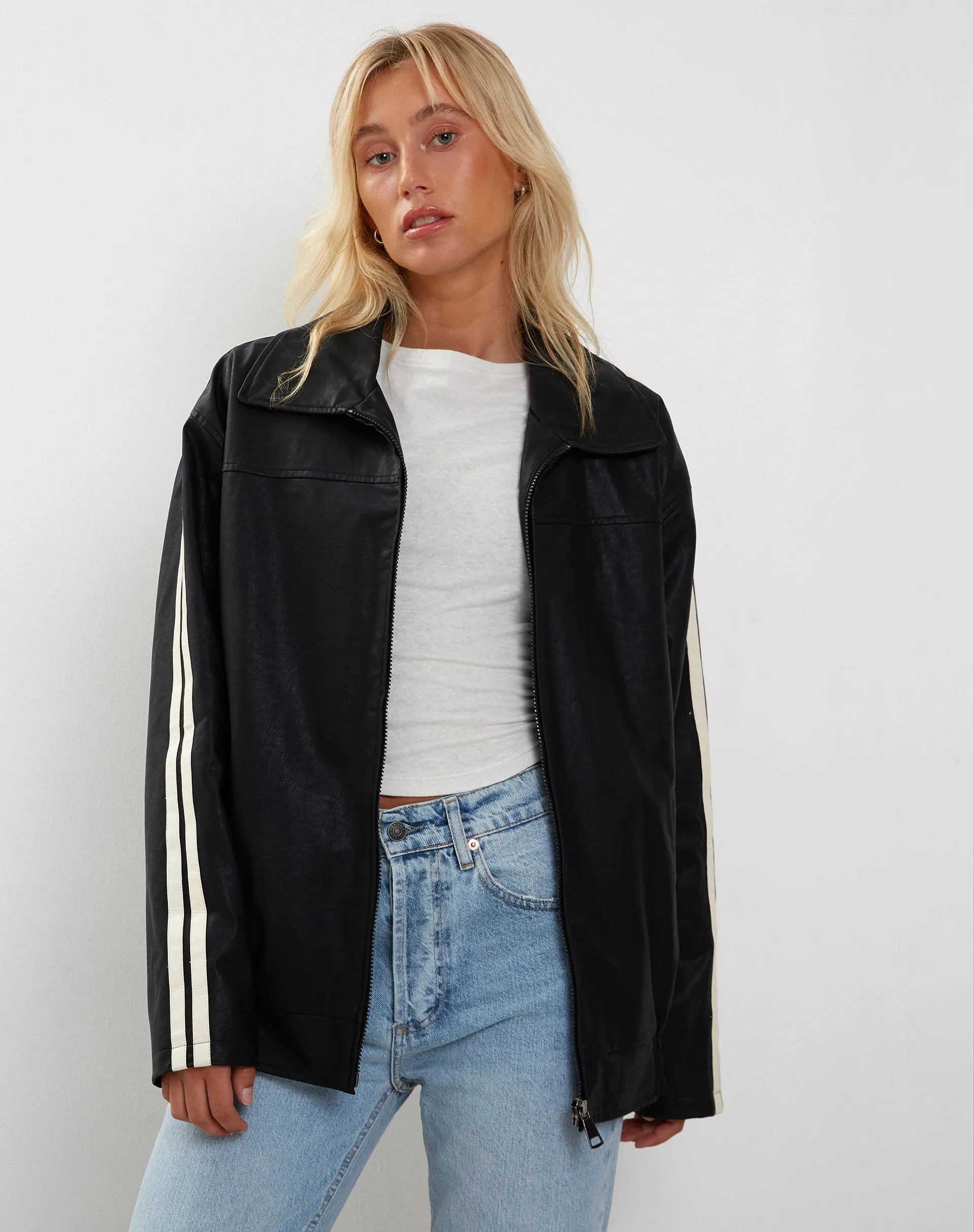 Javana Zip Up Jacket in PU Black with Beige Stripe sold by Motel Rocks product image thumbnail 4